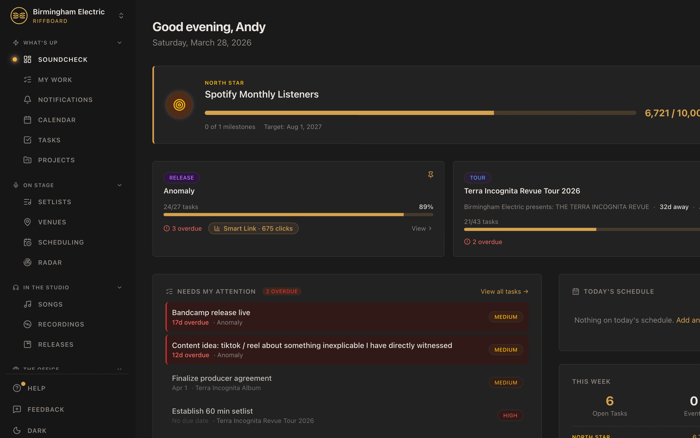 Riffboard artist dashboard showing releases, upcoming shows, tasks, fan engagement, and career metrics in one unified view